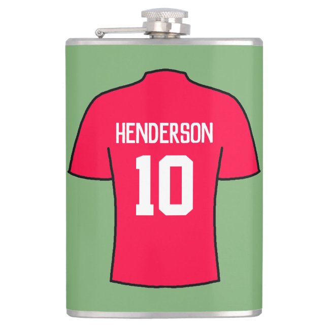 Red Football Shirt mit Name und Nummer Flachmann (Vorderseite)