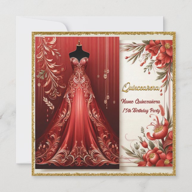 Red Formal Long Dress Quinceañera Flat Card (Vorderseite)