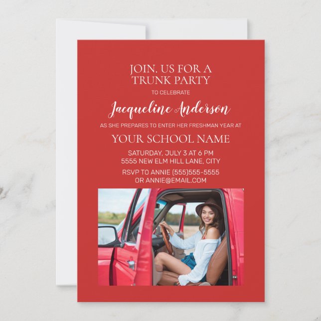 Red Foto Uni Trunk Party Dorm Dusche Einladung (Vorderseite)