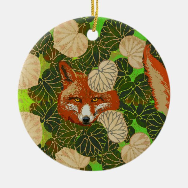 RED FOX AMONG THE GREEN LEAVES AND FOLIAGE  KERAMIK ORNAMENT (Vorne)