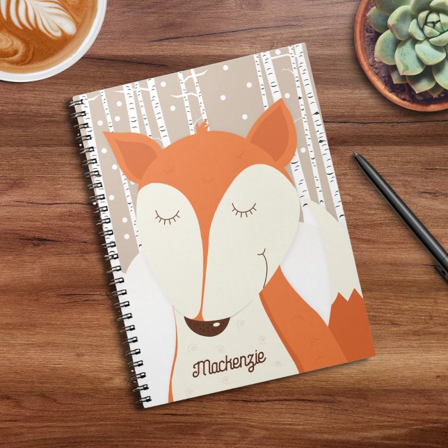 Red Fox Birch Tree Winter Woodland Notizblock (Red Fox Spiral Paper Notebook - Customize with any name )