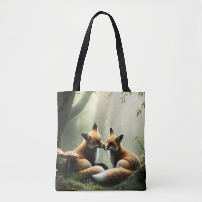 Red Fox Cuddle in Misty Forest Tasche (Vorderseite)