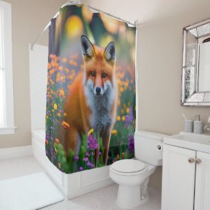 Red Fox im Bereich der Wildblumen Duschvorhang