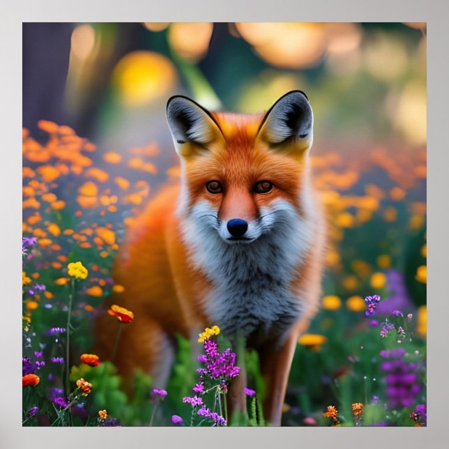 Red Fox im Bereich der Wildblumen Poster (Vorne)
