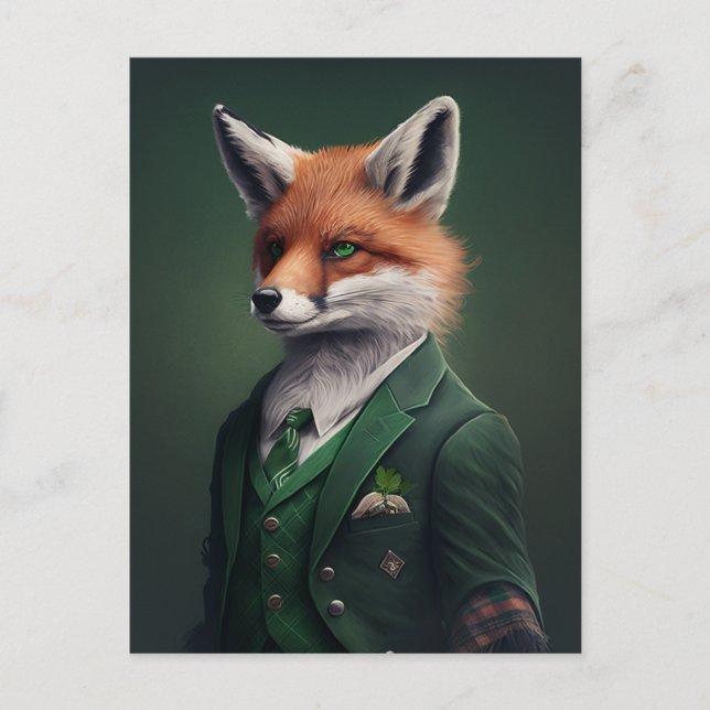 Red Fox in einem grünen St. Patrick's Day Anzug Po Postkarte (Vorderseite)