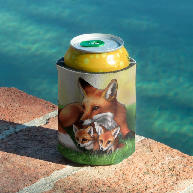 Red Fox Mutter und Kits im Gras Dosenkühler (In Situ Pool)