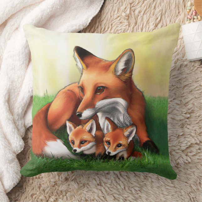 Red Fox Mutter und Kits im Gras Kissen (Decke)