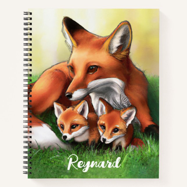 Red Fox Mutter und Kits im Gras Notizbuch (Vorderseite)