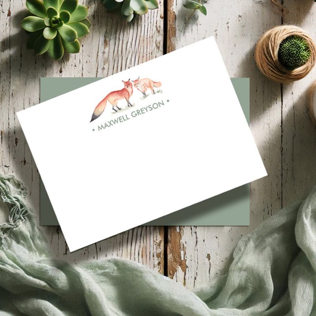 Red Fox Personalisiert Stationery Small Mitteilungskarte (Custom notecards feature watercolor foxes by Victoria Grigaliunas Do Tell A Belle)