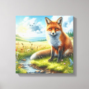 Red Fox Sitting by Stream Stretched Canvas Print Leinwanddruck