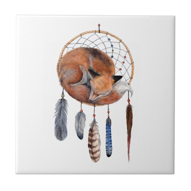 Red Fox Sleeping on Dreamcatcher Fliese (Vorderseite)