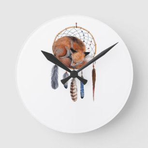 Red Fox Sleeping on Dreamcatcher Runde Wanduhr