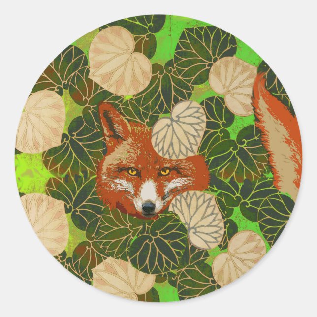 RED FOX UNTER DEN GRÜNEN BLÄTTER UND FOLIAGE RUNDER AUFKLEBER (Vorderseite)