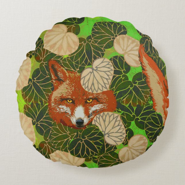 RED FOX UNTER DEN GRÜNEN BLÄTTER UND FOLIAGE RUNDES KISSEN (Vorderseite)