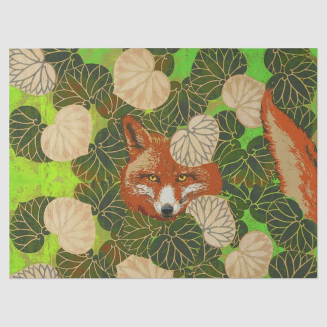 RED FOX UNTER DEN GRÜNEN BLÄTTER UND FOLIAGE SEIDENPAPIER (Vorderseite)