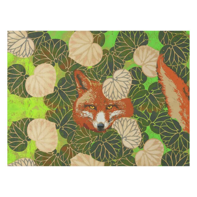 RED FOX UNTER DEN GRÜNEN BLÄTTER UND FOLIAGE TISCHDECKE (Vorderseite (Horizontal))