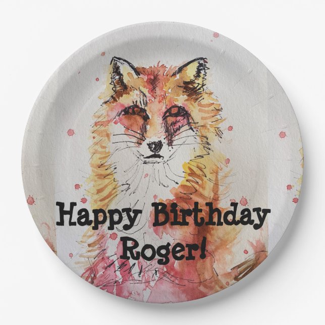 Red Fox Watercolor Birthday Boy Party Paper Plate Pappteller (Vorderseite)