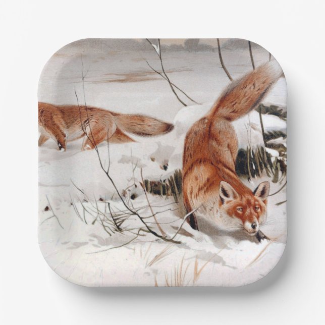 Red Foxes in Snow at Winter (by Wilhelm Kuhnert) Pappteller (Vorderseite)