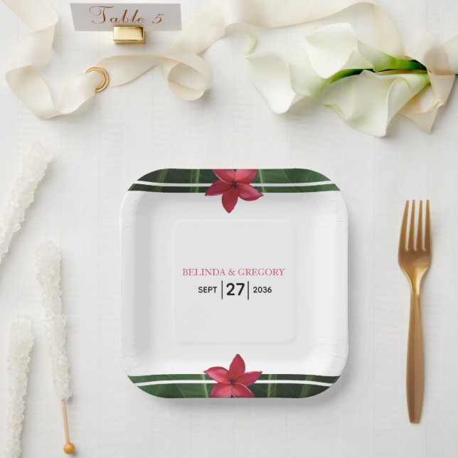 Red Frangipani Plumeria Wedding Pappteller (Hochzeit)