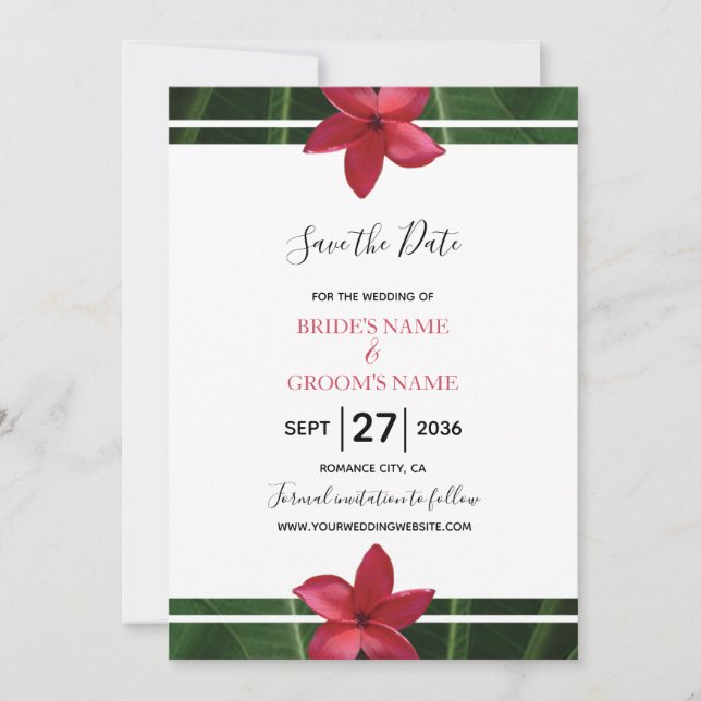 Red Frangipani Plumeria Wedding Save the Date (Vorderseite)