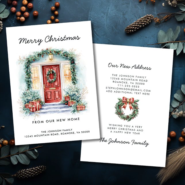 Red Front Door Frohe Weihnachten von New Zuhause Ankündigung (Red Front Door Merry Christmas from Our New Home Holiday Moving Announcement Flat Card with Envelope)