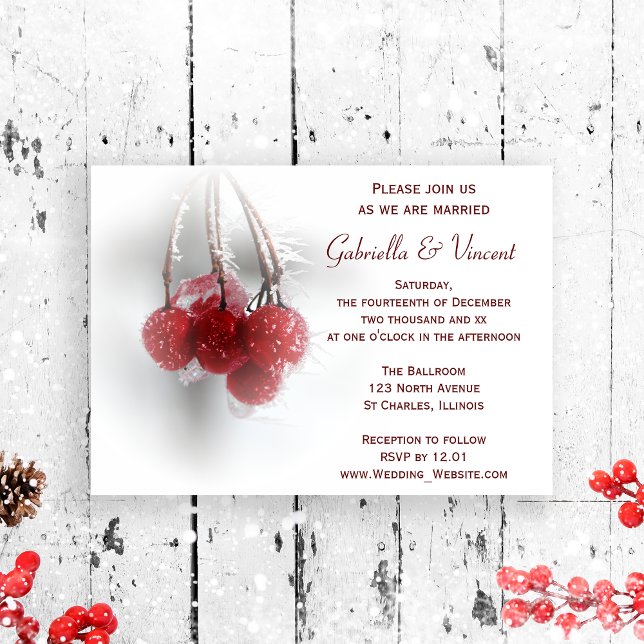 Red Frosty Berries Winter Wedding Invitation Einladung (Set a wintery tone for your marriage with the festive Icy Red Berries Winter Wedding Invitation.)