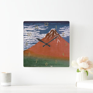 Red Fuji, Aka Fujiyama Volcano Katsushika Hokusai Quadratische Wanduhr
