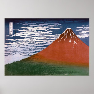 Red Fuji "Fujiyama" Volcano in Japanese Woodcut Poster