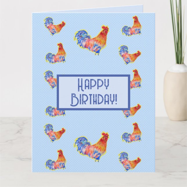 Red Funky Rooster Cockerel Blue carte d'anniversai (Devant)