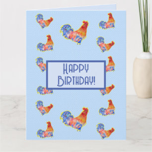Red Funky Rooster Cockerel Blue carte d'anniversai