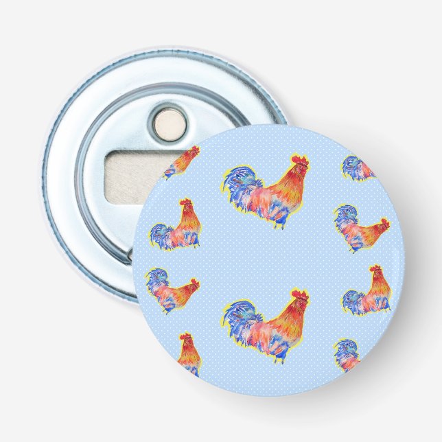 Red Funny Rooster Cockerel Blue und White Spots Flaschenöffner (Vorderseite)