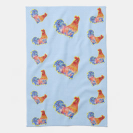 Red Funny Rooster Cockerel Blue und White Spots Geschirrtuch