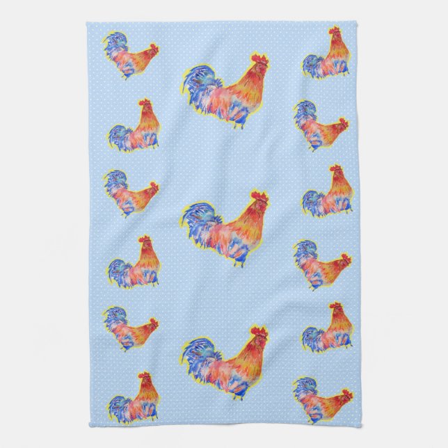 Red Funny Rooster Cockerel Blue und White Spots Geschirrtuch (Vertikal)