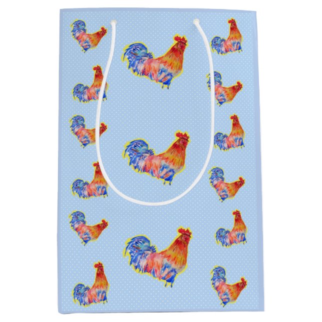 Red Funny Rooster Cockerel Blue und White Spots Mittlere Geschenktüte (Vorderseite)