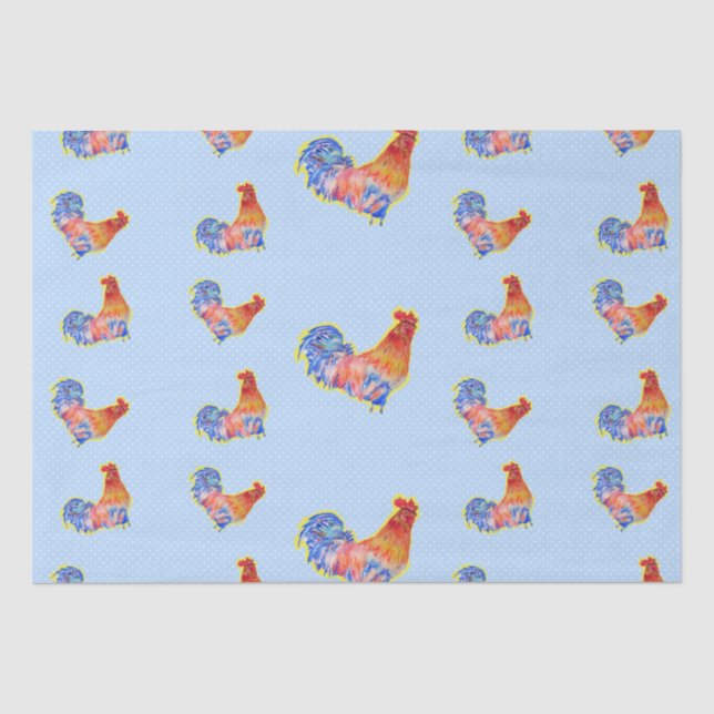 Red Funny Rooster Cockerel Blue und White Spots Seidenpapier (Vorderseite)
