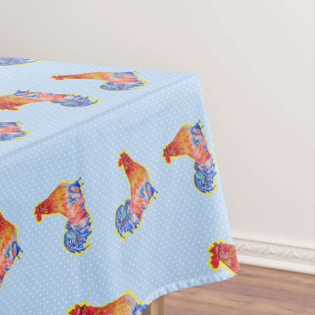 Red Funny Rooster Cockerel Blue und White Spots Tischdecke (Beispiel)