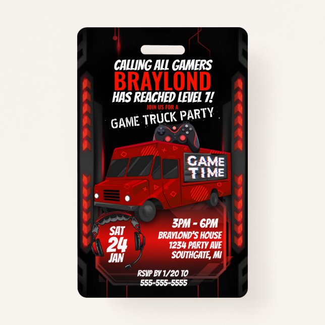 Red Game Truck Birthday Party VIP Einladung Ausweis (Vorderseite)