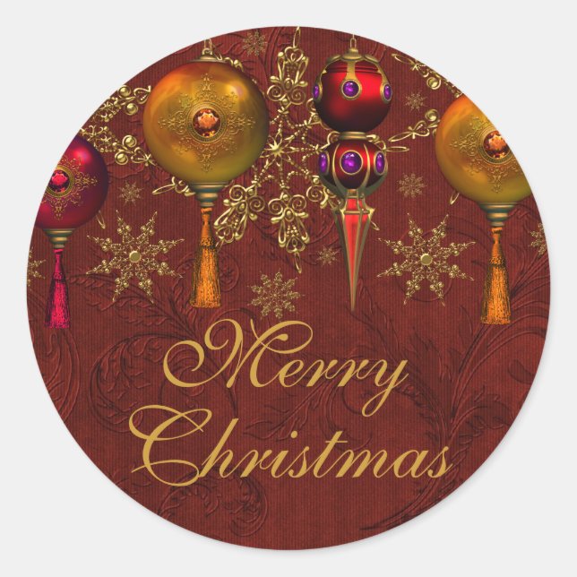 Red Gem Bauble Festival Frohe Weihnachtsaufkleber Runder Aufkleber (Vorderseite)