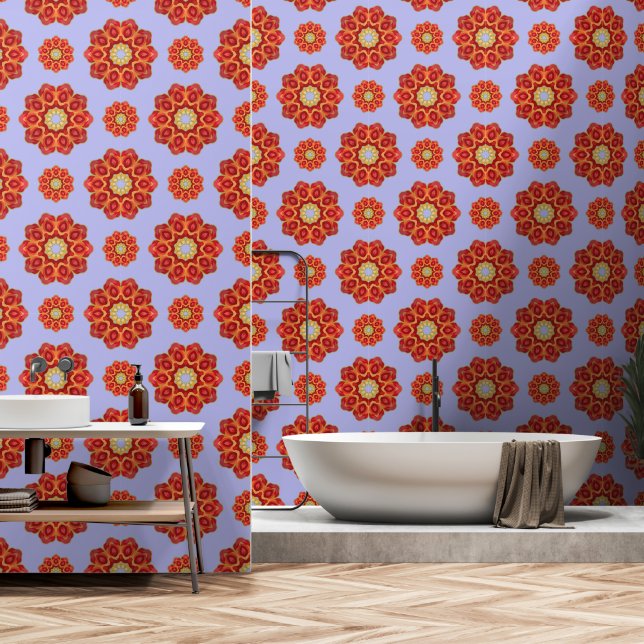 Red Geo Peony auf Blue Tapete (Badezimmer)