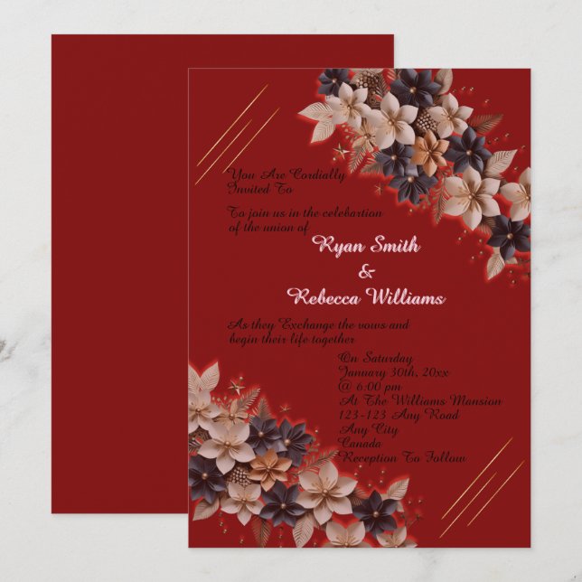 Red Geometric Floral Wedding Invitation Einladung (Vorne/Hinten)