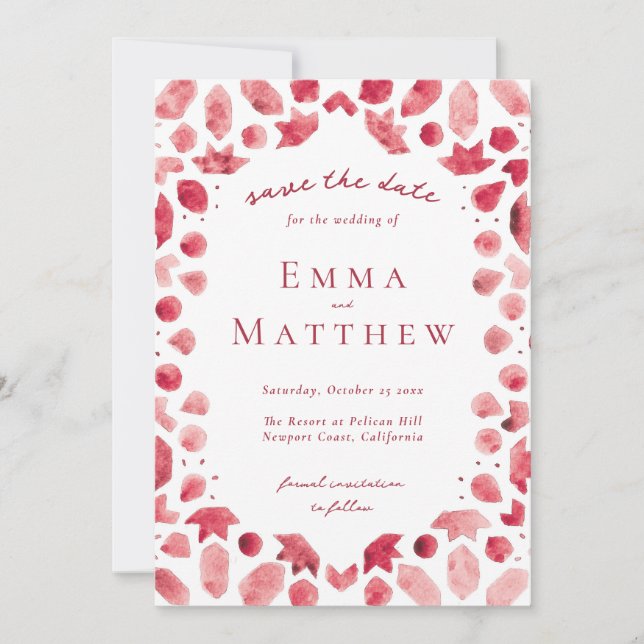 Red Geometric Intricate Pattern mit QR Save The Date (Vorderseite)