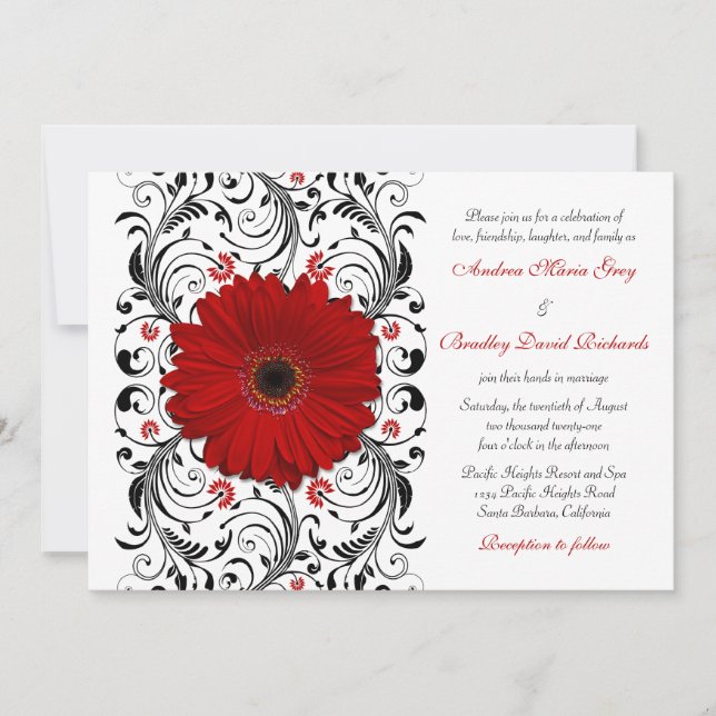Red Gerber Daisy Black Floral Wedding Einladung (Vorderseite)