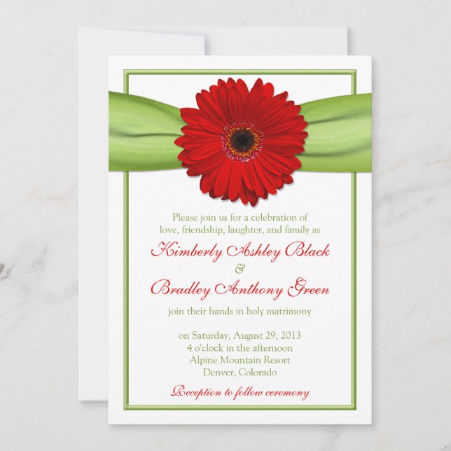 Red Gerber Daisy Green Ribbon Wedding Einladung (Vorderseite)