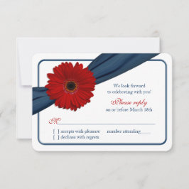 Red Gerber Daisy Navy Blue Ribbon Wedding RSVP Karte