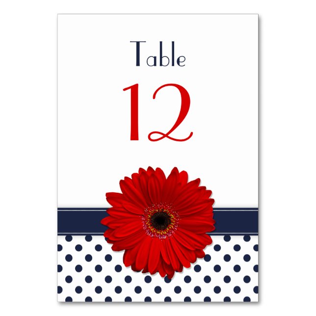 Red Gerber Daisy Navy Blue White Polka Dot Wedding Tischnummer (Rückseite)