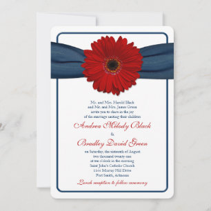 Red Gerber Daisy Navy Ribbon Wedding Einladung