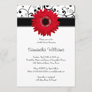 Red Gerbera Daisy Black Scroll Brautparty Einladung