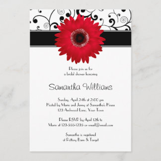 Red Gerbera Daisy Black Scroll Brautparty Einladung