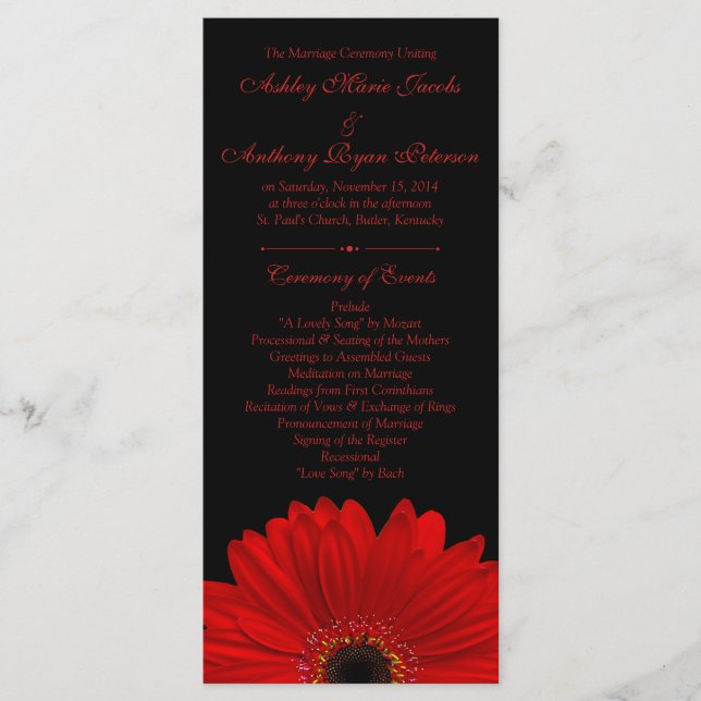 Red Gerbera Daisy Blume Black Wedding Program Programm (Vorderseite)