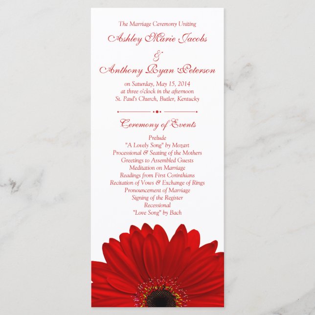 Red Gerbera Daisy Blume White Wedding Program Programm (Vorderseite)